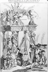 Britannia in Not unter einem wackeligen Gebäude mit einer schweren Last, um 1756