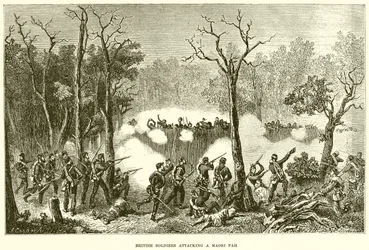 Britische Soldaten greifen ein Maori-Pah an