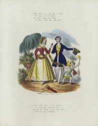 Britische Valentinskarte mit einem Bild eines Cherubs, der eine Frau mit einer Blumenschnur zieht