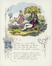 Britische Valentinskarte mit einem Bild eines Mannes und einer Frau in einem Garten mit einem Cherub