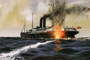 Britisches Schiff wird von einem Torpedo getroffen