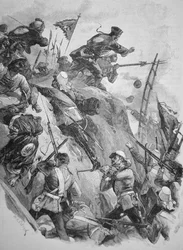 Britische Truppen stürmen die Taku-Forts in China im Jahr 1860 während der Opiumkriege