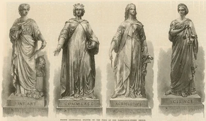 Bronzene allegorische Statuen auf den Pfeilern der Farringdon Street Bridge