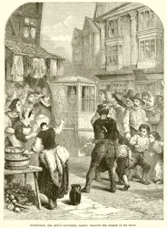 Buckinghan, der Favorit des Königs, fährt in seiner Sänfte durch die Straßen