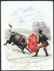 Stier stürmt auf roten Regenschirm, Weihnachtskarte