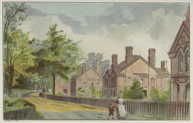 Cadburys Arbeiterhäuser und Landstraße, Bournville, Birmingham (Chromolitho)