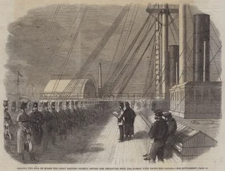 Appell auf der Great Eastern kurz vor ihrer Abfahrt aus dem Mersey mit Truppen nach Kanada (Gravur)