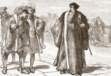 Calvin wird von den Libertinern auf der Rhonebrücke beleidigt, Illustration aus Die Geschichte des Protestantismus von James Aitken Wylie, veröffentlicht 1878
