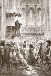 Calvin predigt seine Abschiedspredigt in Erwartung der Verbannung, Illustration aus Die Geschichte des Protestantismus von James Aitken Wylie, veröffentlicht 1878