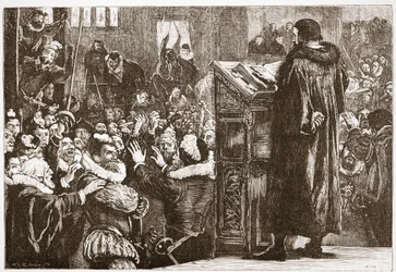 Calvin wird in der Kirche von Rive bedroht, Illustration aus Die Geschichte des Protestantismus von James Aitken Wylie, veröffentlicht 1878