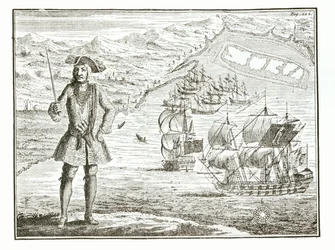 Kapitän Bartholomew Roberts (1682-1722) mit zwei Schiffen, der Royal Fortune und Ranger, segelt in Whydah Road an der Küste von Guinea, 11. Januar 172? aus Eine allgemeine Geschichte der Raubüberfälle und Mu