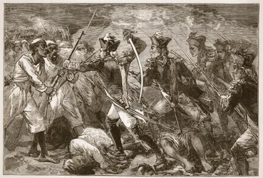 Captain Yorke führt den verzweifelten Angriff bei Masulipatam, Illustration aus Cassells Illustrierter Geschichte Indiens von James Grant, veröffentlicht 1879