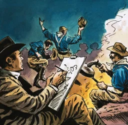 Kavallerist tanzt um ein Lagerfeuer mit Arthur Boyd Houghton, der skizziert