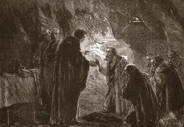 Feier des Abendmahls durch Calvin und seine Mitprotestanten in der Grotte von Poictiers, Illustration aus Die Geschichte des Protestantismus von James Aitken Wylie, veröffentlicht 1878