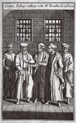 Bestimmte Bischöfe sprechen mit Mr. Bradford im Gefängnis, Illustration aus Foxes Märtyrer, ca. 1703