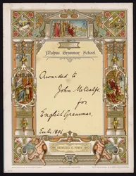 Zertifikat für Englisch-Grammatik, verliehen an einen Schüler der Malpas Grammar School, Cheshire