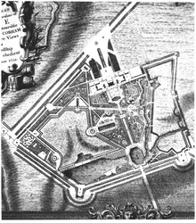 Charles Bridgemans (fl.1713-38) Plan für die Stowe Gardens, aus einem Buch über Ansichten von Stowe, veröffentlicht von Mrs. Charles Bridgeman im Jahr 1739