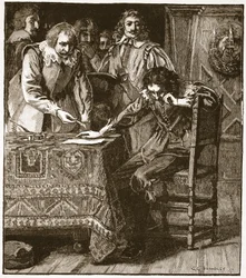 Charles unterzeichnet die Zustimmung zur Verurteilung von Strafford, Illustration aus Cassells Illustrierter Geschichte Englands