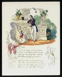 Cherub überbringt einem Mann im Garten einen Liebesbrief