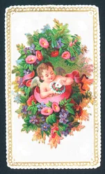 Cherub sitzt in Blumen, Weihnachtskarte
