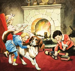 Kinder spielen vor einem lodernden Feuer