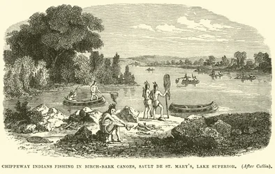 Chippeway-Indianer beim Fischen in Birkenrinden-Kanus, Sault de St Marys, Oberer See