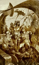 Kleopatra in der Schlacht von Actium, Illustration aus Die illustrierte Geschichte der Welt, veröffentlicht um 1880 (digital verbessert)