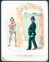 Clown wartet auf Polizisten mit Gans, Weihnachtskarte