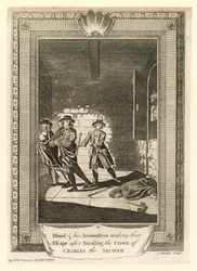 Oberst Blood und seine Komplizen fliehen nach dem Diebstahl der Krone von König Karl II.