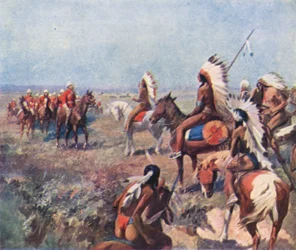 Oberst Macleod von der Royal North-West Mounted Police, verhandelt mit Indianern in Fort Macleod