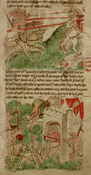 Farbige Zeichnungen, die die hundeköpfigen Menschen (