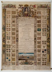 Gedenktafel mit von den Franzosen nach der Schlacht von Blenheim erbeuteten Standarten, ca. 1704 (farbige Liniengravur)