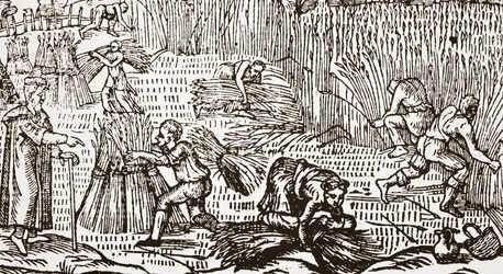 Zeitgenössischer Holzschnitt, der die Ernte zeigt