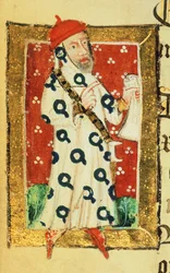 Cott Nero D VII f.105v Nigel Lorning, Ritter des Hosenbandordens, aus dem Wohltäterbuch der St. Alban