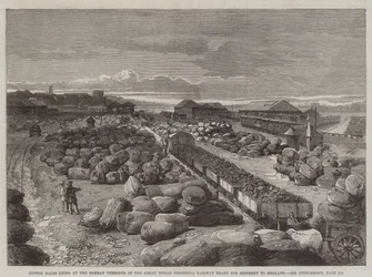 Baumwollballen am Bombay-Terminus der Great Indian Peninsula Railway, bereit für den Versand nach England