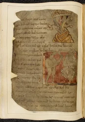 Ein Baum, aus dem Balsam wächst; ein Donestre, ein bestienköpfiger Mann, der links ein menschliches Bein und einen Fuß hält, und eine Person rechts, Illustration aus Beowulf, aus dem 