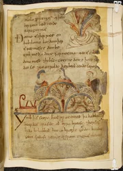 Cotton Vitellius A. XV, fol. 105, ein goldener Rebstock; drei miteinander sprechende Menschen als Darstellung eines gütigen Volkes, das über das Rote Meer herrscht, wo die besten Perlen gefunden werden, Illustration aus Beowulf, aus dem „Nowell Codex“