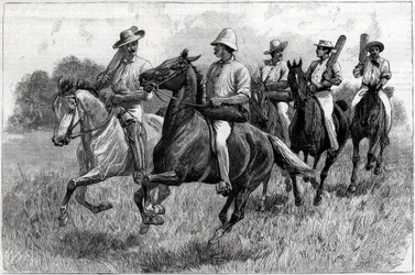 Cricket in Australien, ein Team geht ins Landesinnere, um ein Spiel zu spielen. Illustration für The Graphic