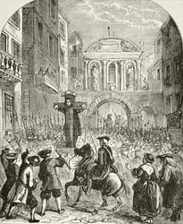 Daniel Defoe am Pranger am Temple Bar, aus „Die nationale und häusliche Geschichte Englands“ von William Hickman Smith Aubrey (1858-1916), veröffentlicht in London, ca. 1890