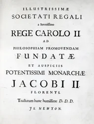 Widmung an die Royal Society der Erstausgabe von Newtons Philosophiae Naturalis Principia Mathematica, 1687