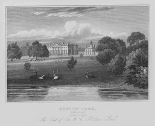 Denton Park, Gesamtansicht, Yorkshire, der Sitz von Sir W C Ibbetson, Baronet (Gravur)