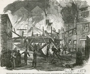 Zerstörung durch Feuer der Pianofortefabrik von Kirkman, Dufours Place, Broad Street, Golden Square