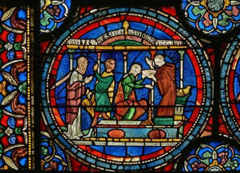 Detail des Wunderfensters, das Audrey von Canterbury zeigt, wie sie Heilwasser nimmt (Detail)