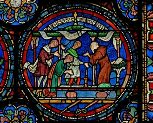 Detail des Wunderfensters, das den verrückten Henry von Fordwich zeigt, wie er nach seiner Heilung dankt (Detail)