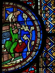 Detail aus dem Ostfenster der Dreifaltigkeitskapelle mit David, der aus der Stadt flieht