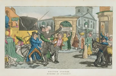 Doktor Syntax wird in St. Giles ausgeraubt, aus The Tour of Doctor Syntax through London, or the Pleasures and Miseries of the Metropolis. Ein Gedicht, veröffentlicht 1820