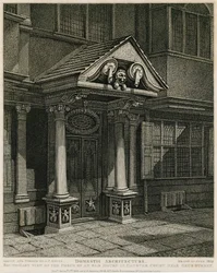 Hausarchitektur: Südostansicht der Veranda eines alten Hauses in Hanover Court nahe Grub Street