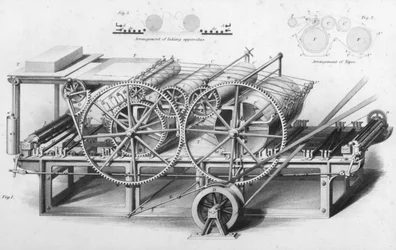 Doppeltrommel-Druckmaschine aus der Enzyklopädie der nützlichen Künste & Manufakturen, herausgegeben von Charles Tomlinson, ca. 1880er Jahre