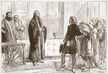 Dr. Haller verteilt das Abendmahl in der Berner Kathedrale, Illustration aus The History of Protestantism von James Aitken Wylie, veröffentlicht 1878