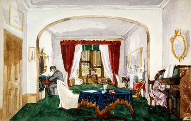 Saloninterieur, Frau am Klavier, Mann mit Melone beim Schreiben, ca. 1850